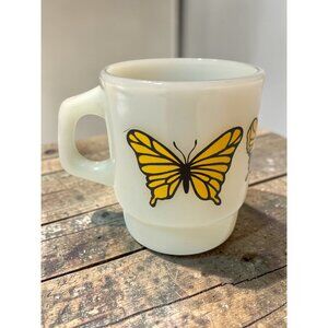 Vintage Fire-King Milk Glass Mug With Yellow Butterfly Design - Retro Collectibl